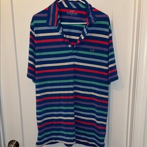 Vineyard Vines Navy Striped Polo with Red, Green & Light Blue Accents Large